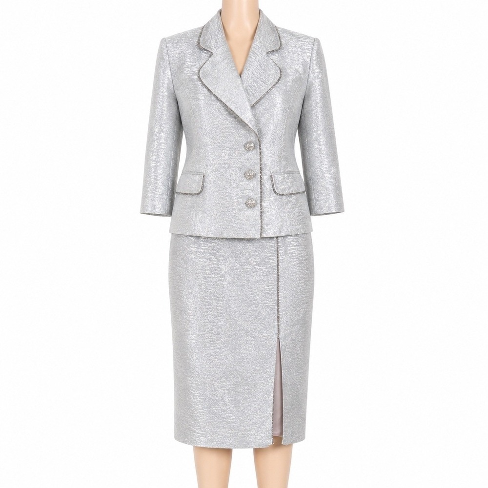 Solini Vintage Silver Metallic Skirt Suit Set Womens 12 Mylar Evening Glam Chic